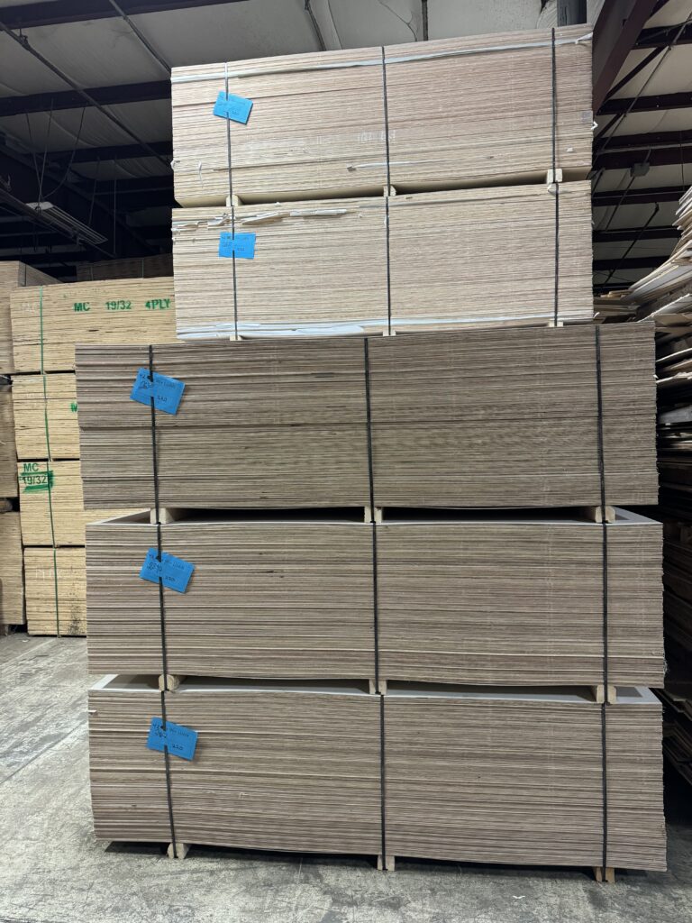 42 x 96 Lauan plywood panels stacked in Lakeland Pallets Indiana warehouse