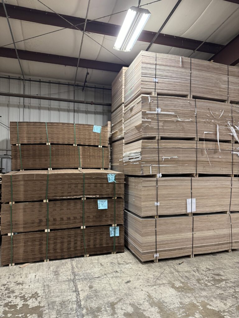 7/16 x 48 x 96 OSB panels stacked in Lakeland Pallets Indiana warehouse