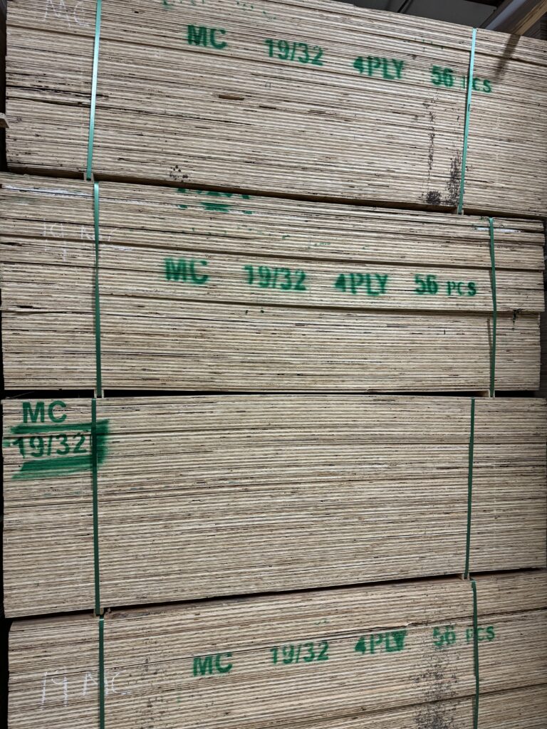 19/32 plywood panels stacked in Lakeland Pallets Indiana facility