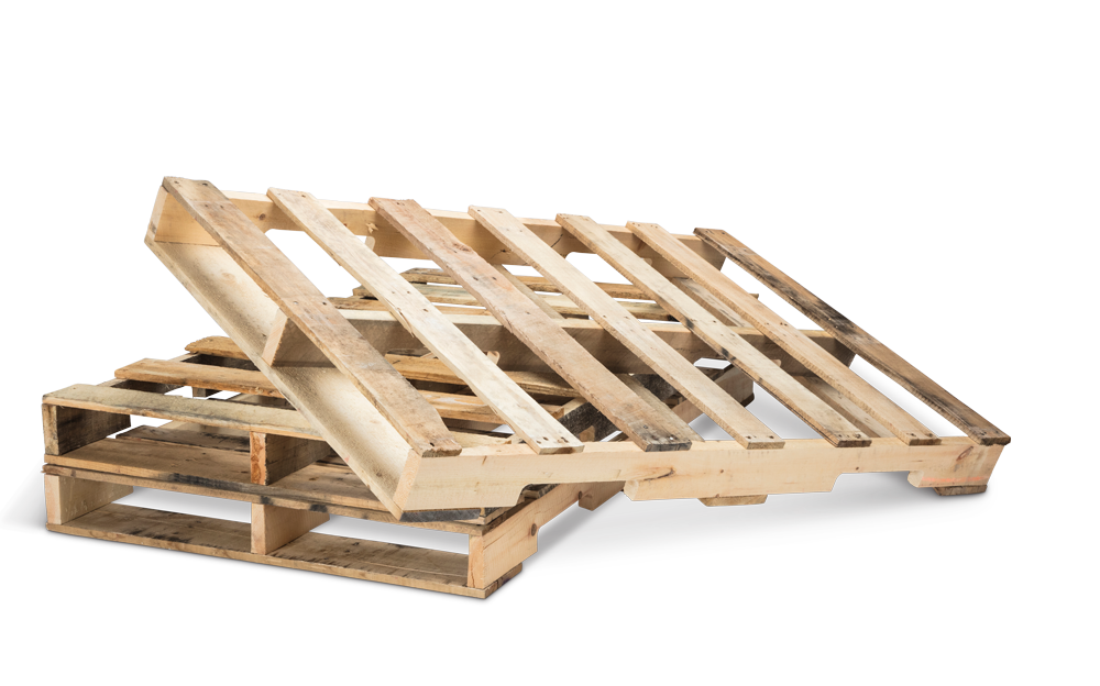 A stack of 2 repaired wooden pallets.